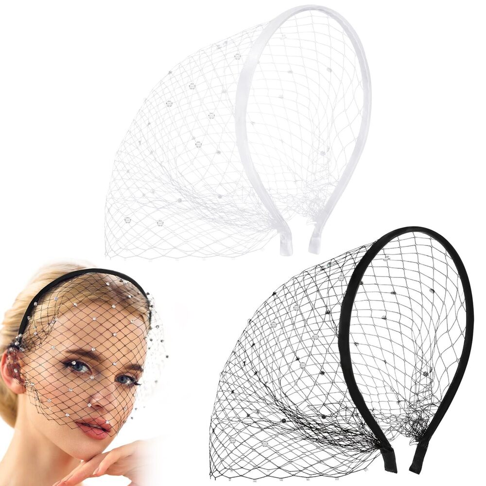 4199 2 Pcs Balck White Mesh Veil Fascinator Headband 1920s Headpiece